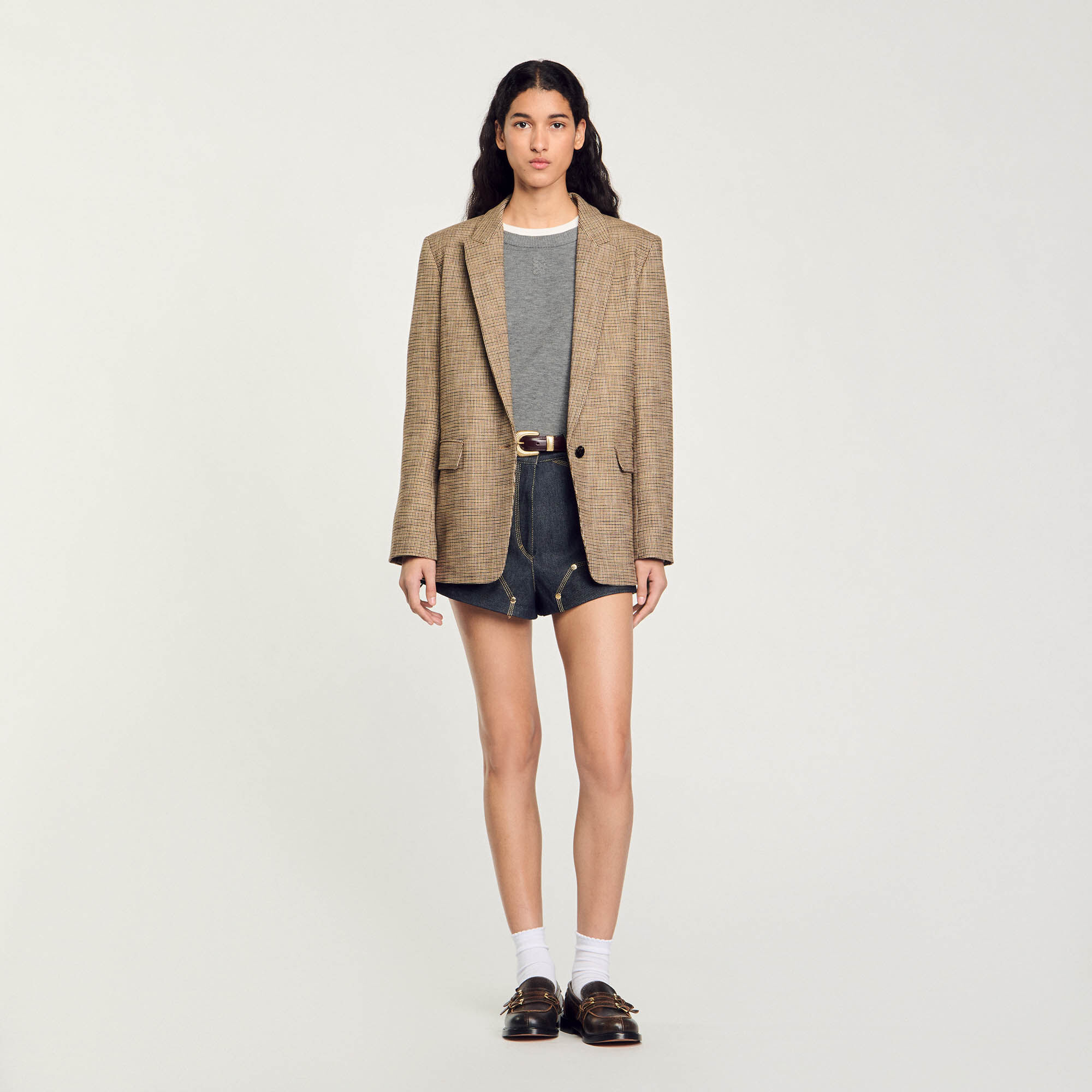 Veste de costume pied de poule marron pour femme Sandro Paris