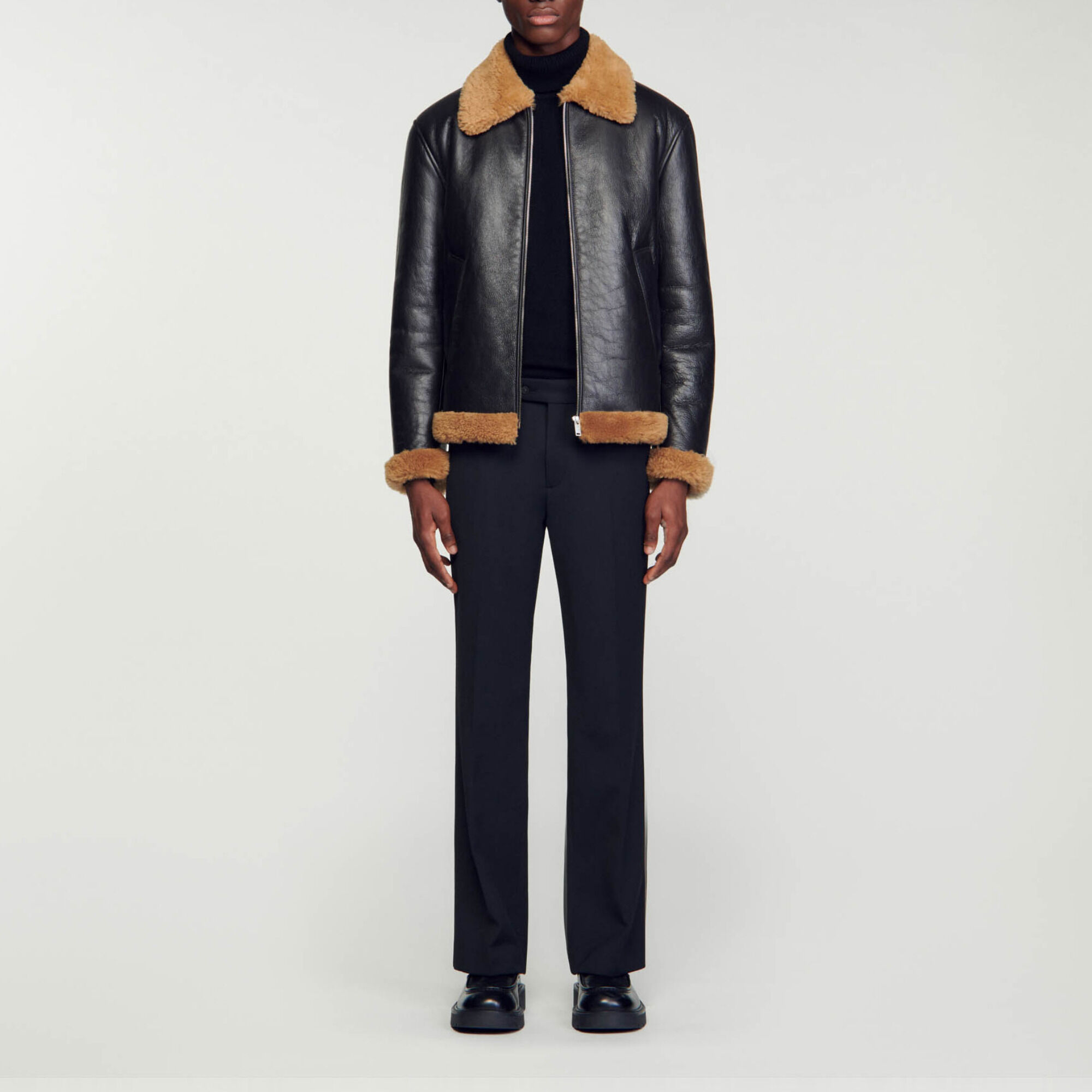 Blouson oversize en peau lainee Brown Men Sandro Paris