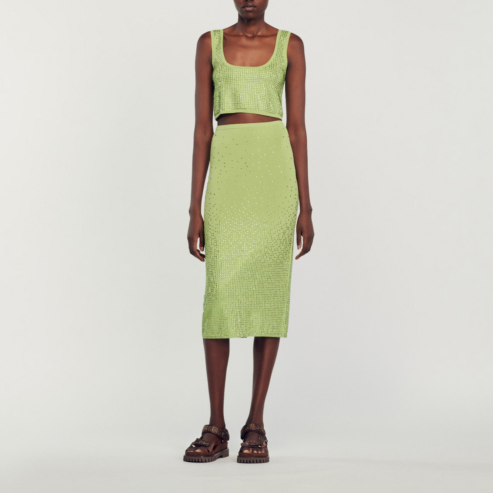 Jupe midi ornee de strass Green Women Sandro Paris