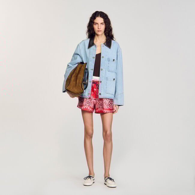 Blouson en jean à col en cuir