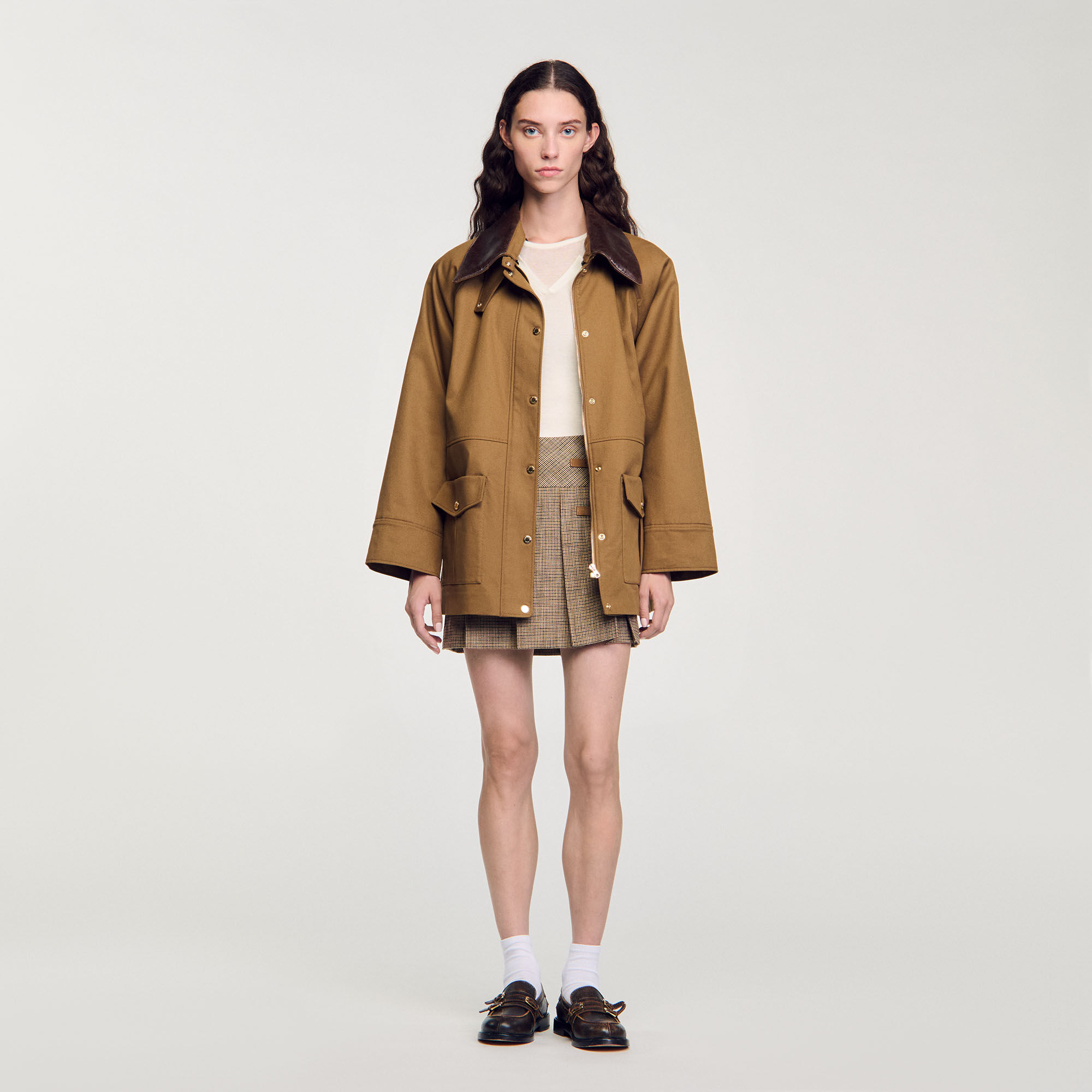 Manteau col en cuir marron pour femme Sandro Paris
