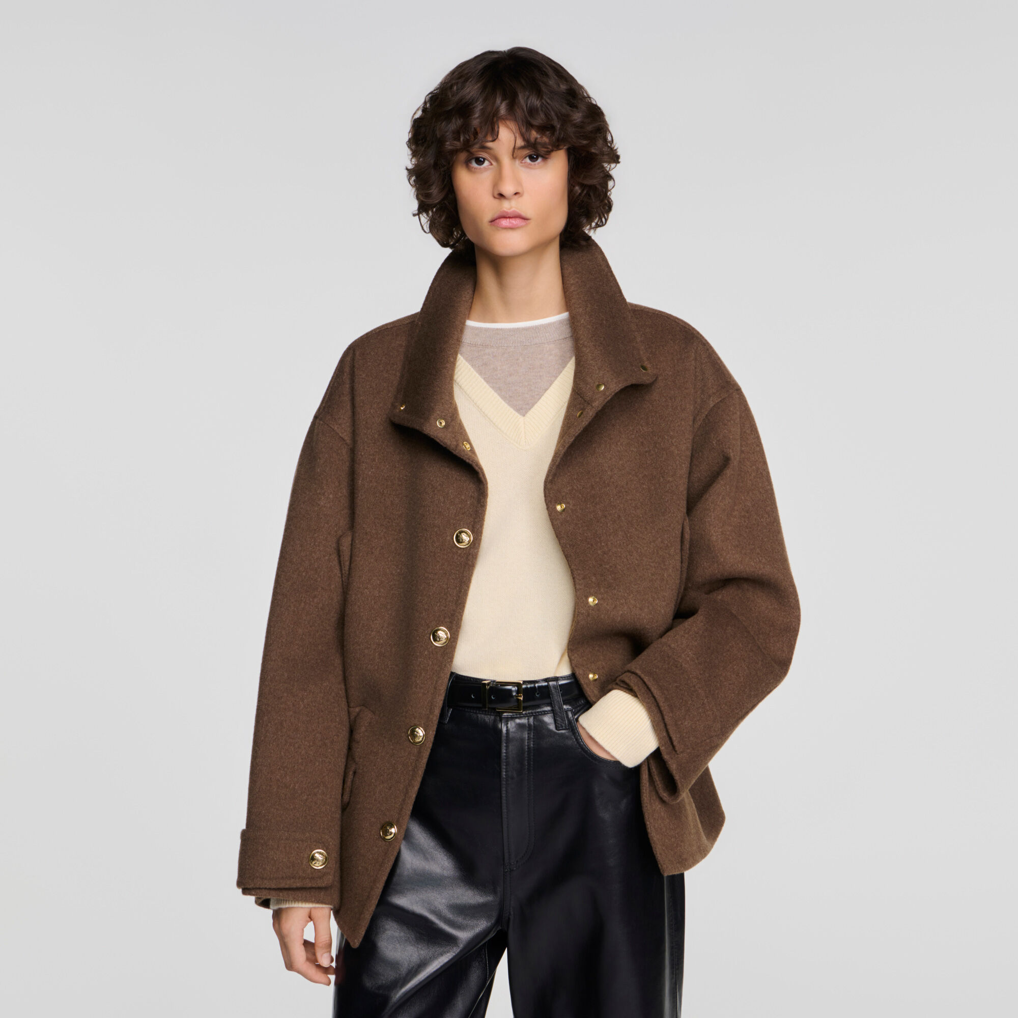 Manteau double face &agrave; col montant - Femme | Sandro Paris