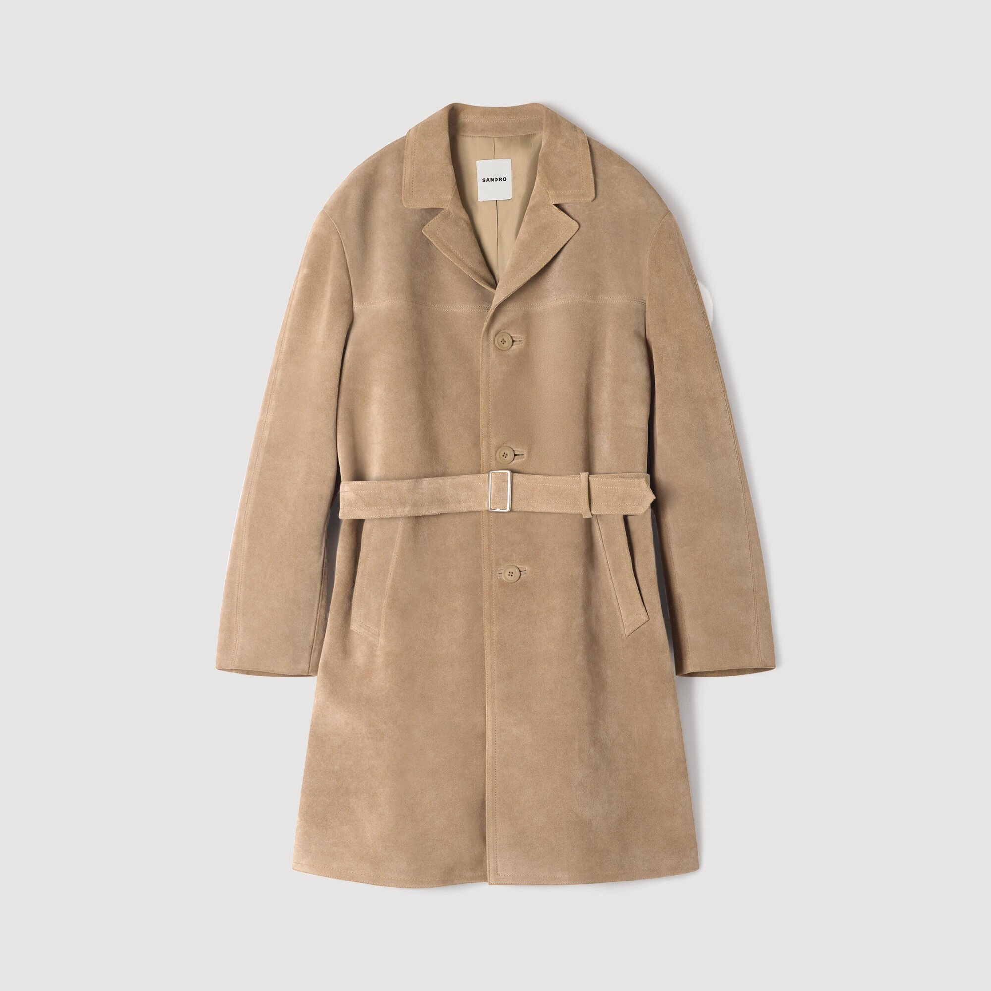 Manteau long en cuir ceintur&eacute;