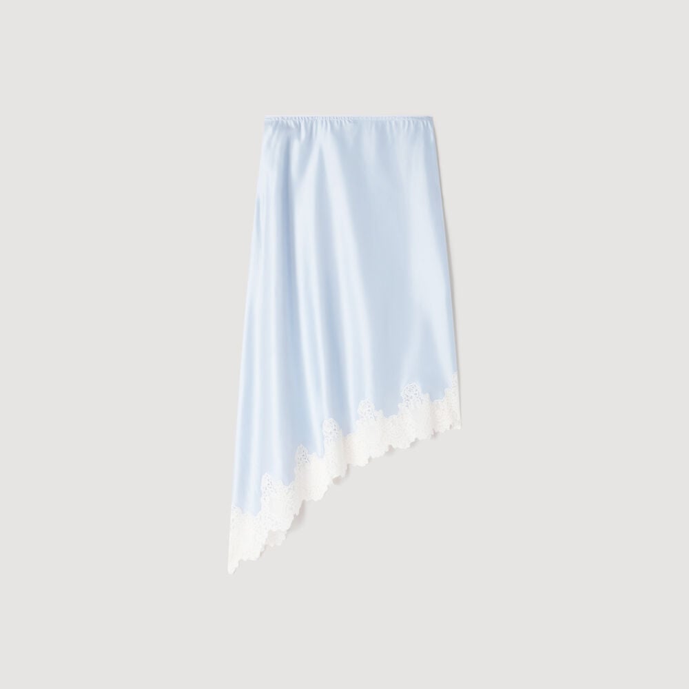 Sandro Asymmetrischer Satinrock mit Spitze – Bleu / Ecru – Ansicht 6