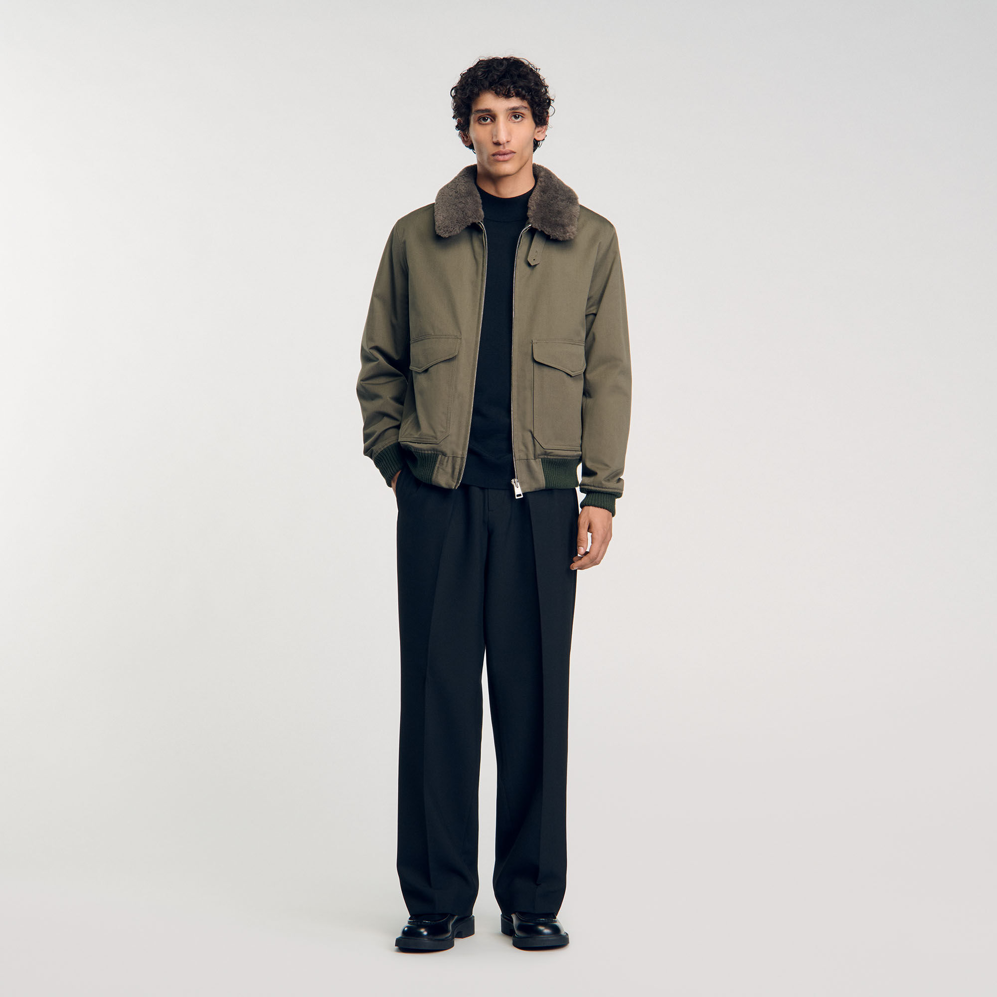 Blouson a col fourrure vert pour homme Sandro Paris