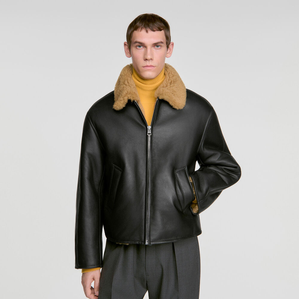 Sandro Blouson en peau lainée – Noir – vue 4