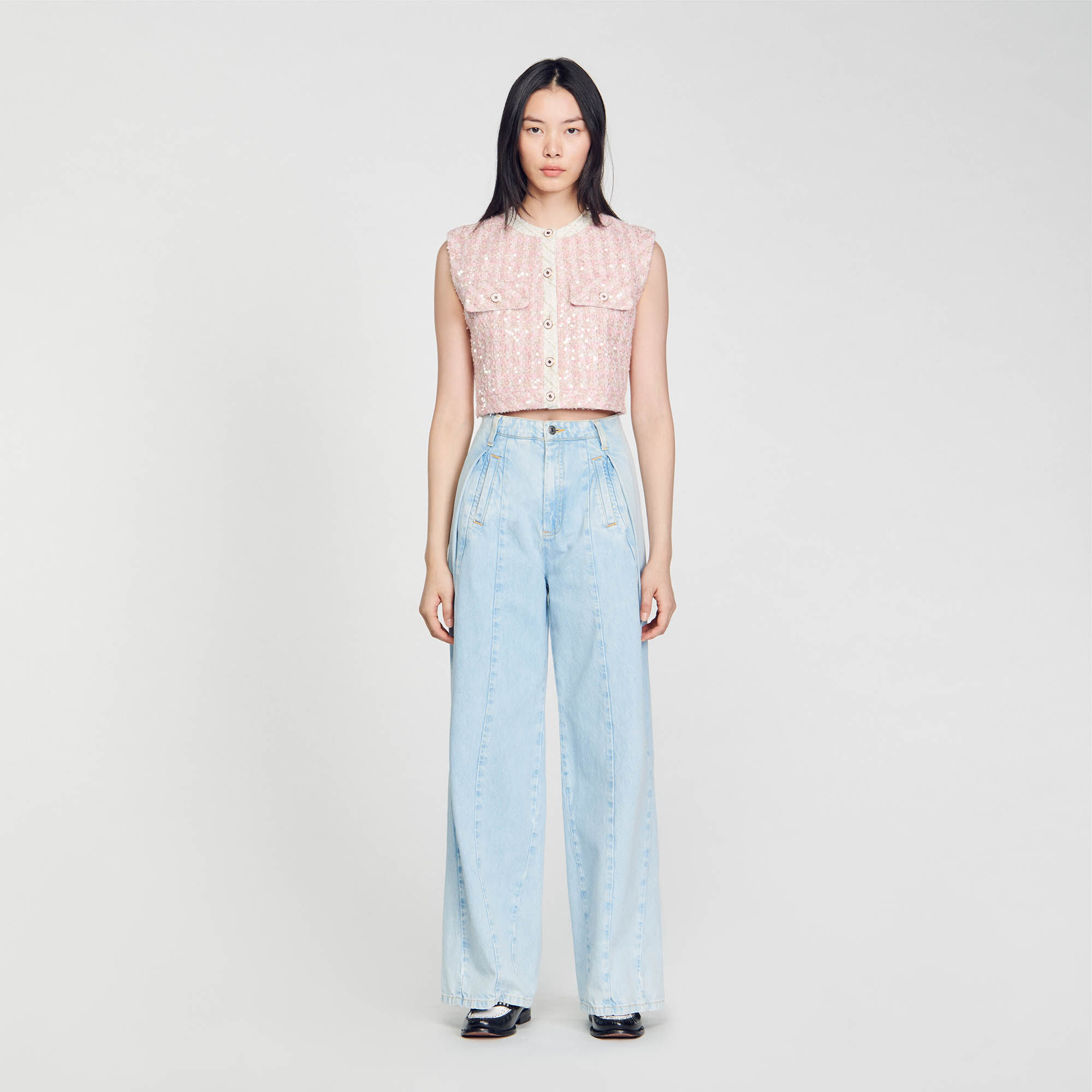 Veste sans manches en tweed rose pour femme Sandro Paris
