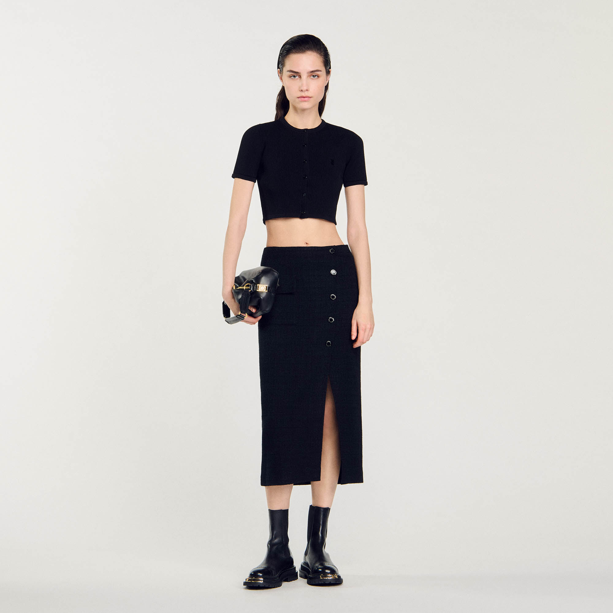 Jupe midi en tweed gris noir pour femme Sandro Paris