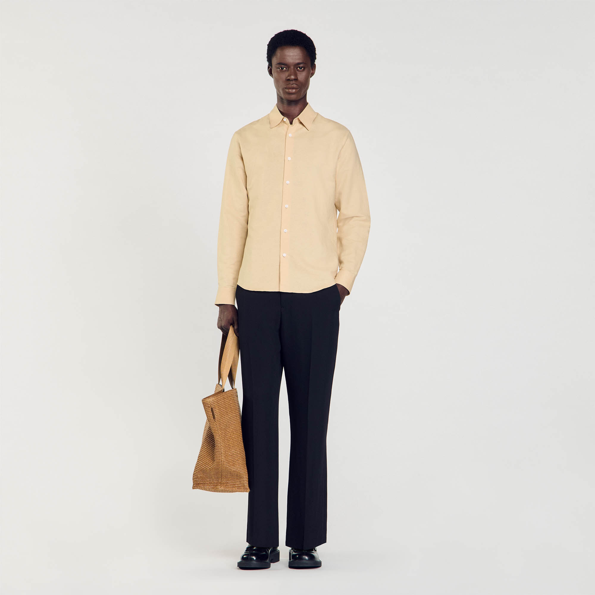 Chemise en coton et lin beige pour homme Sandro Paris