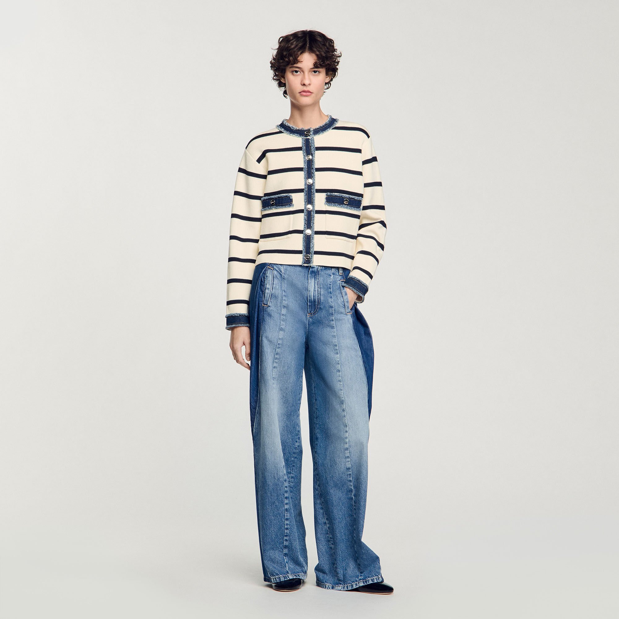 Cardigan rayé à détails denim