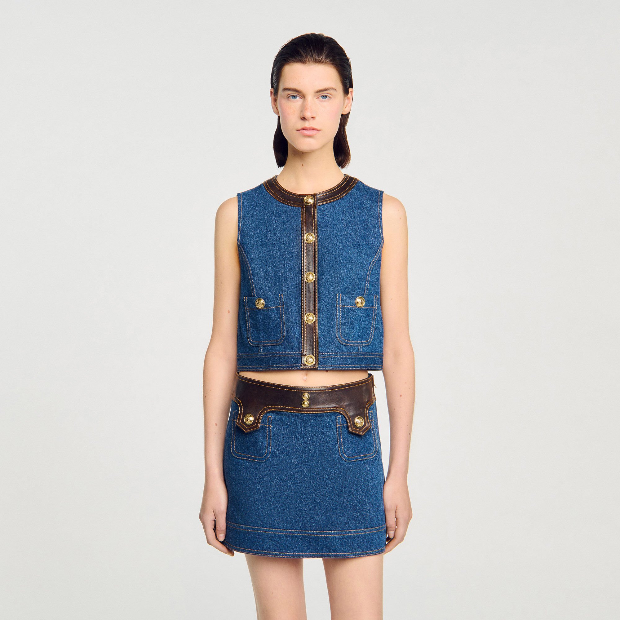 Top en denim et cuir