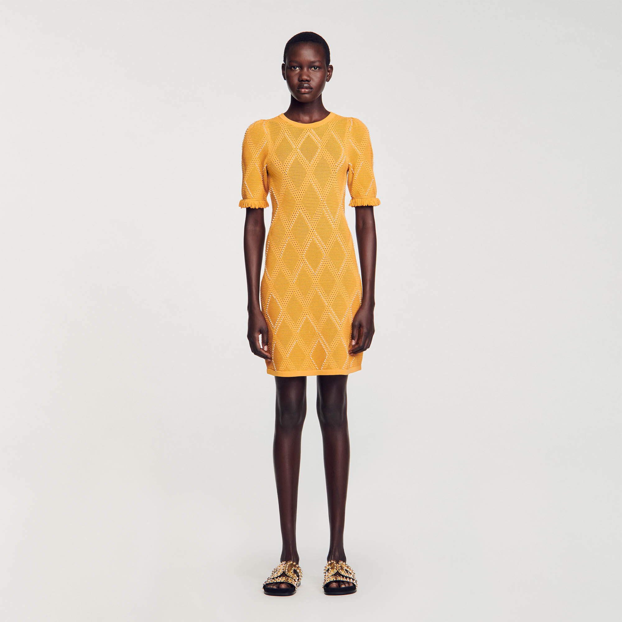 Robe courte en maille jaune orange pour femme Sandro Paris