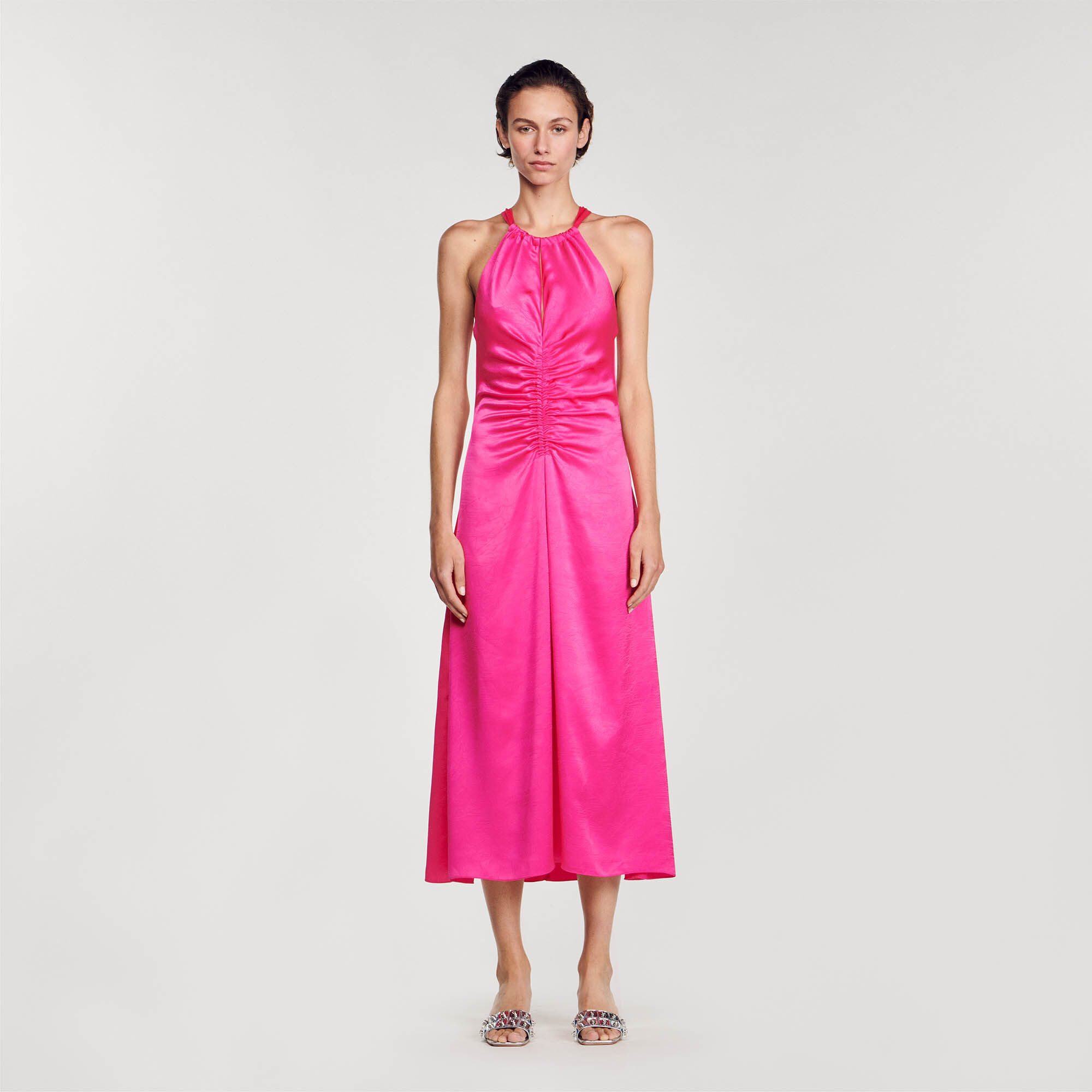 Robe longue satinee froncee rose pour femme Sandro Paris