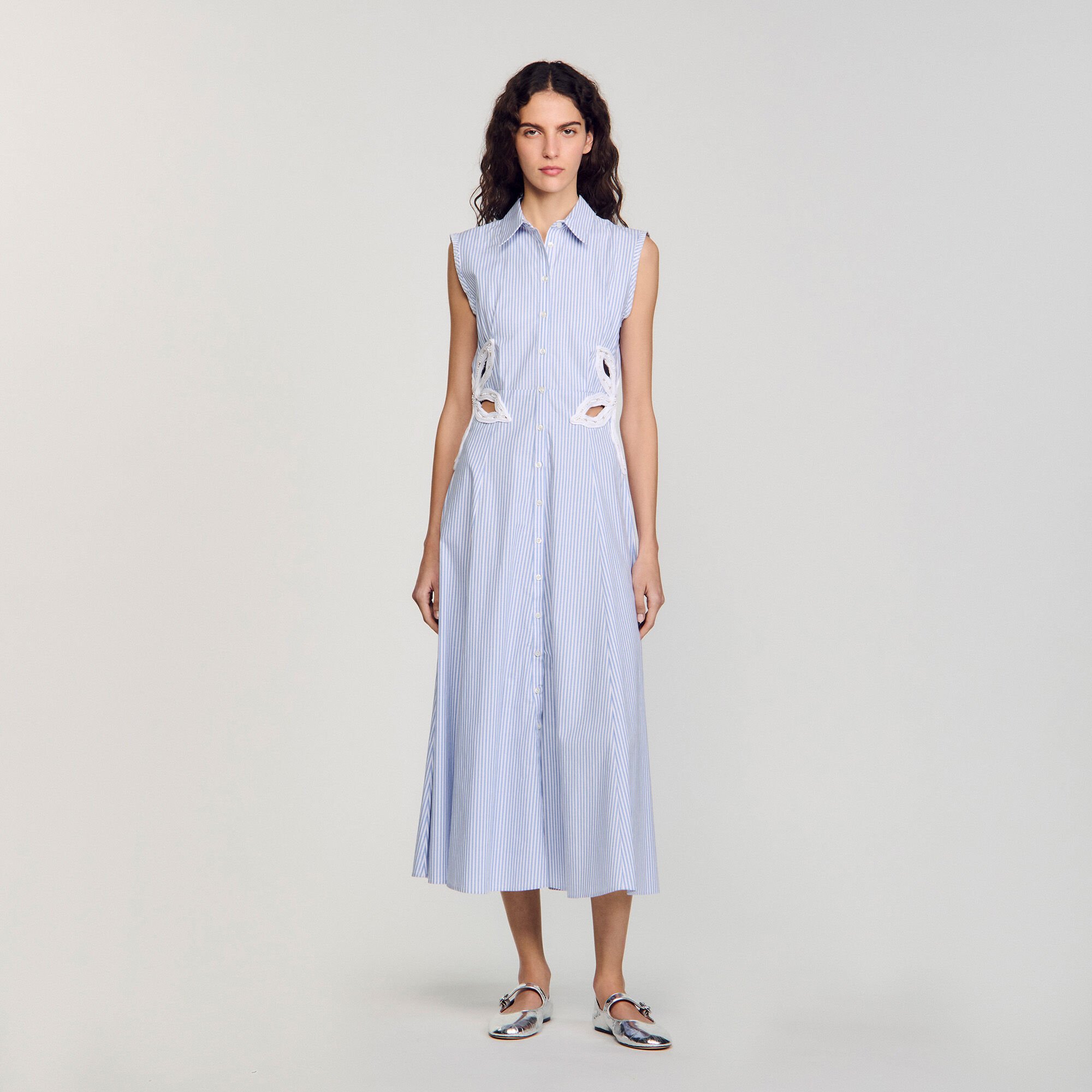 sandro★ROBE LONGUE EN MAILLE RAYEE ワンピース Robe longue en maille rayée beige pour femme | Sandro Paris