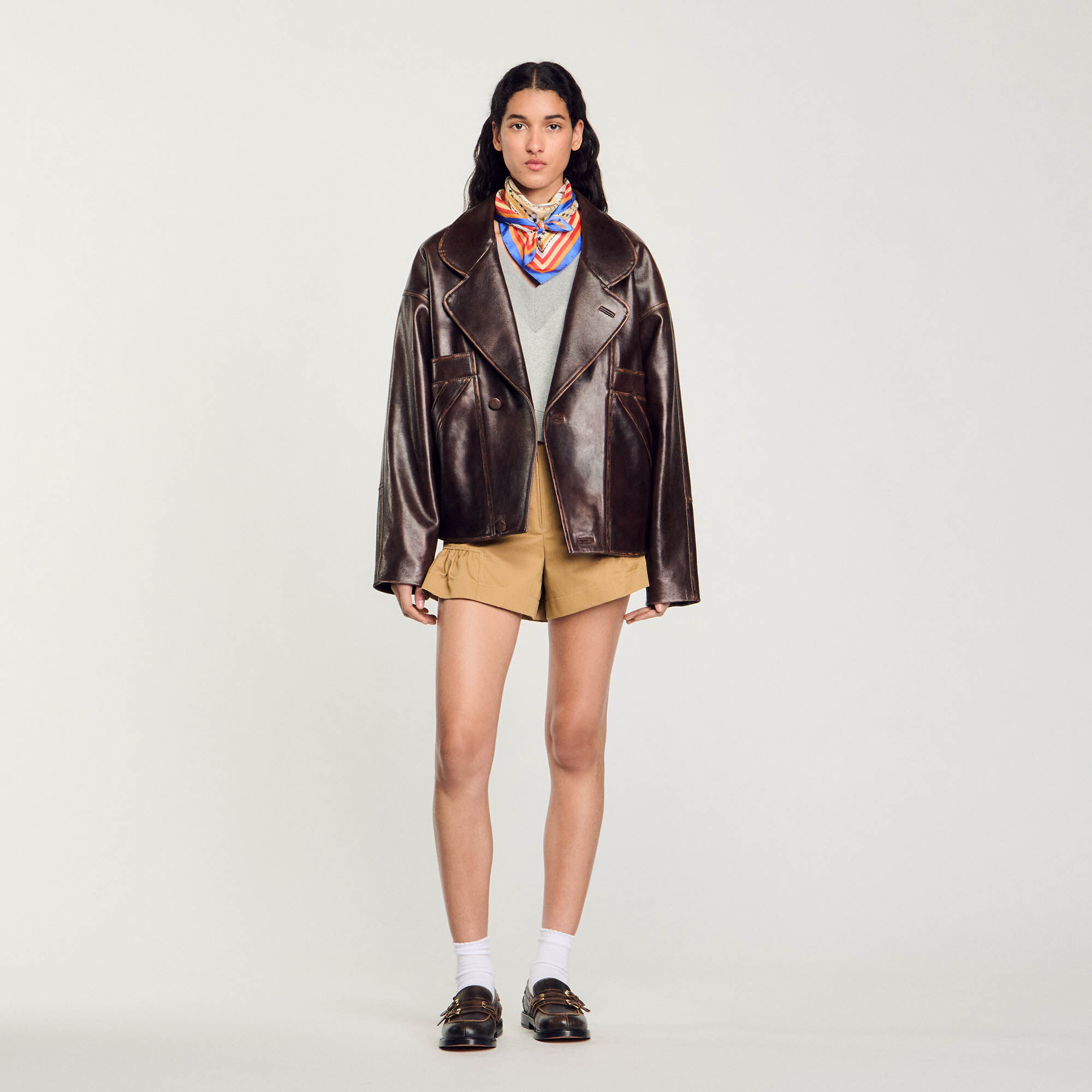 Blouson en cuir oversize marron pour femme Sandro Paris