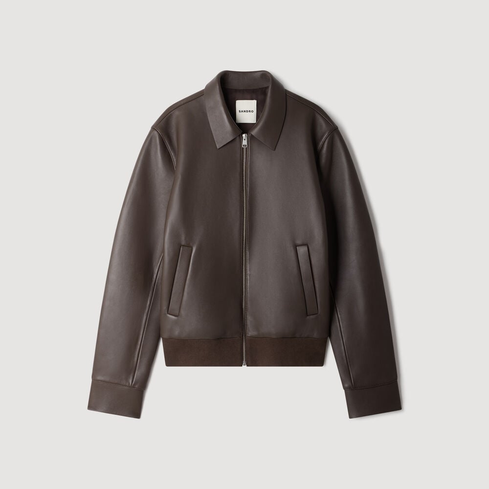 Sandro Blouson zippé en cuir d'agneau – Taupe – vue 6
