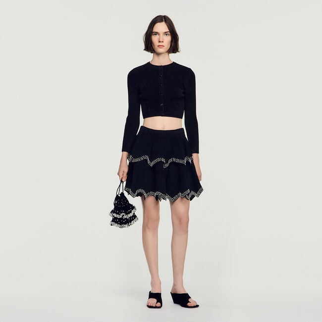 Jupe patineuse en velours &agrave; perles - Femme | Sandro Paris