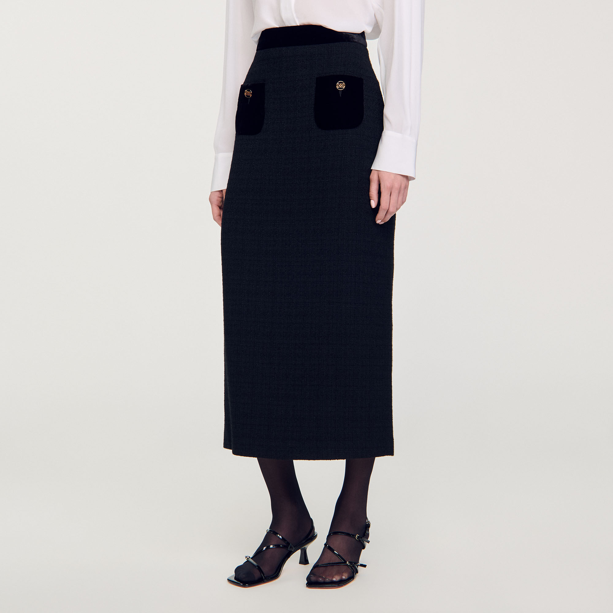 Jupe longue en tweed et velours