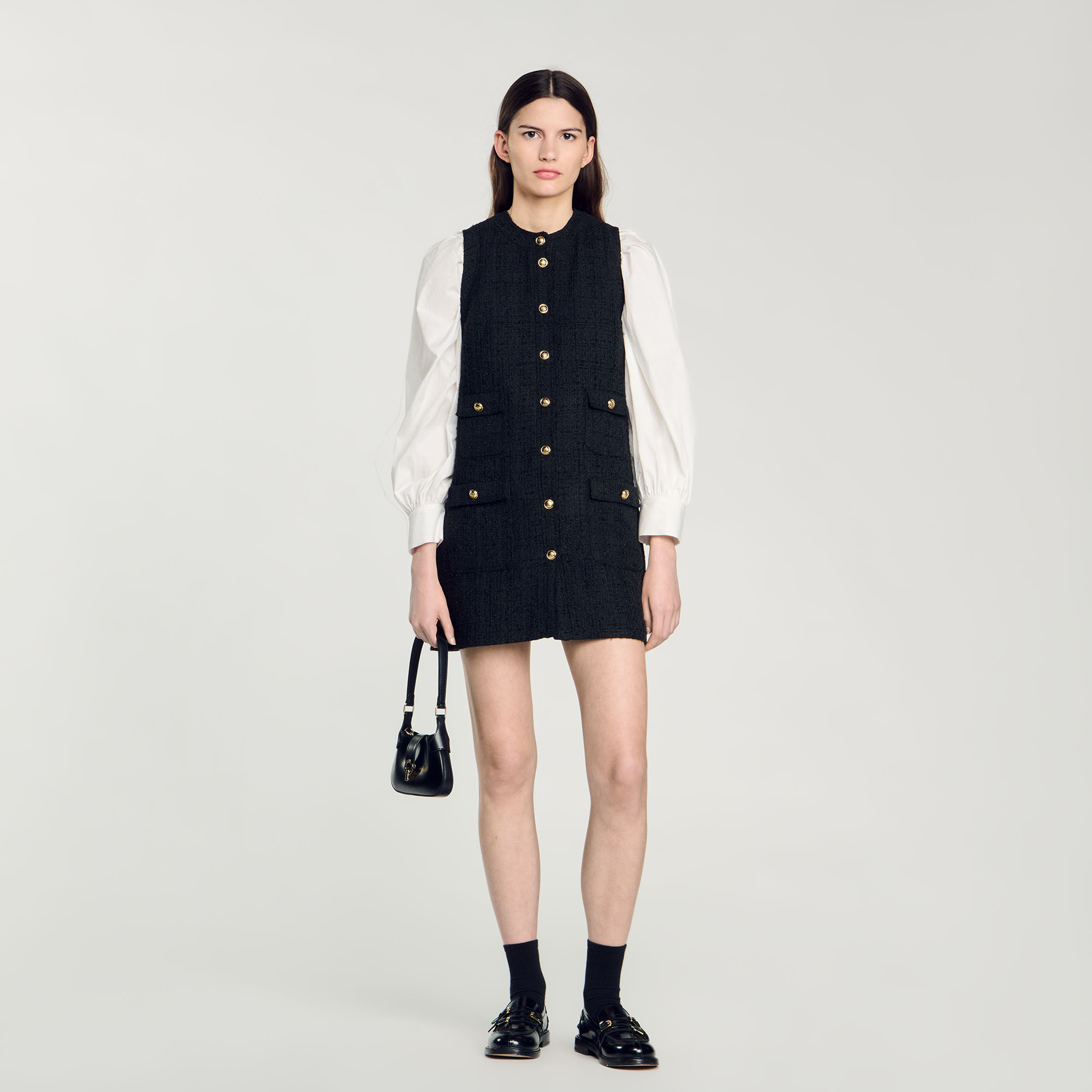sandro★ROBE COURTE EN TWEED BICOLORE ワンピース Robe courte en tweed gris / noir pour femme | Sandro Paris