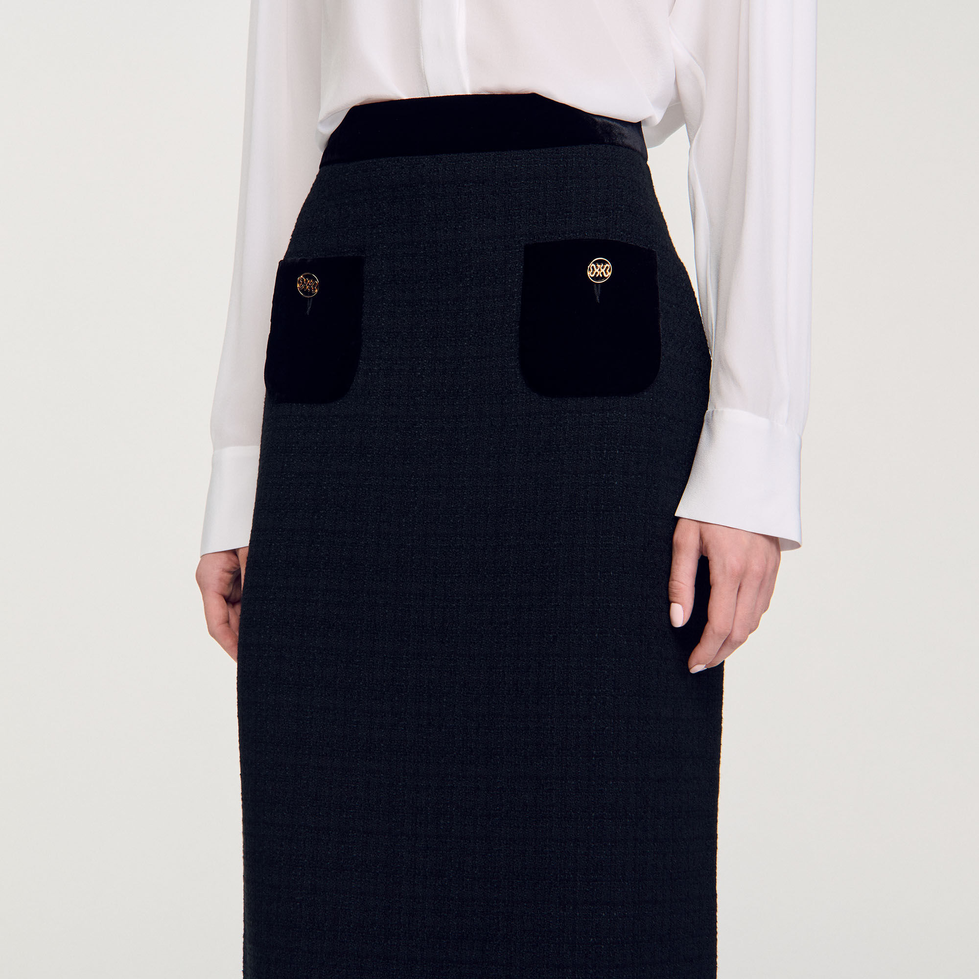 Jupe longue en tweed et velours