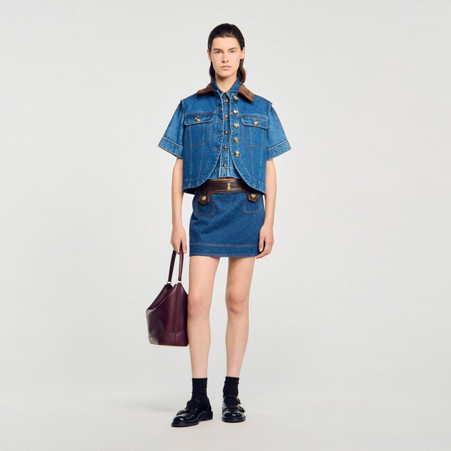 Jupe courte en denim et cuir