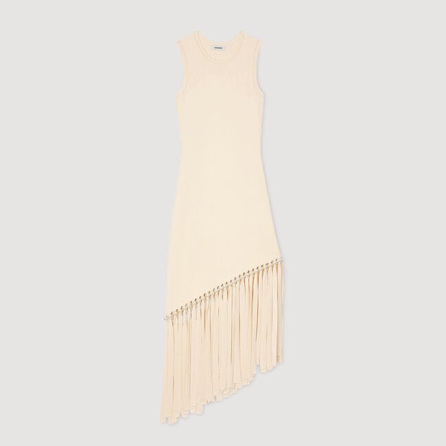 Robe midi en maille frangée et perlée