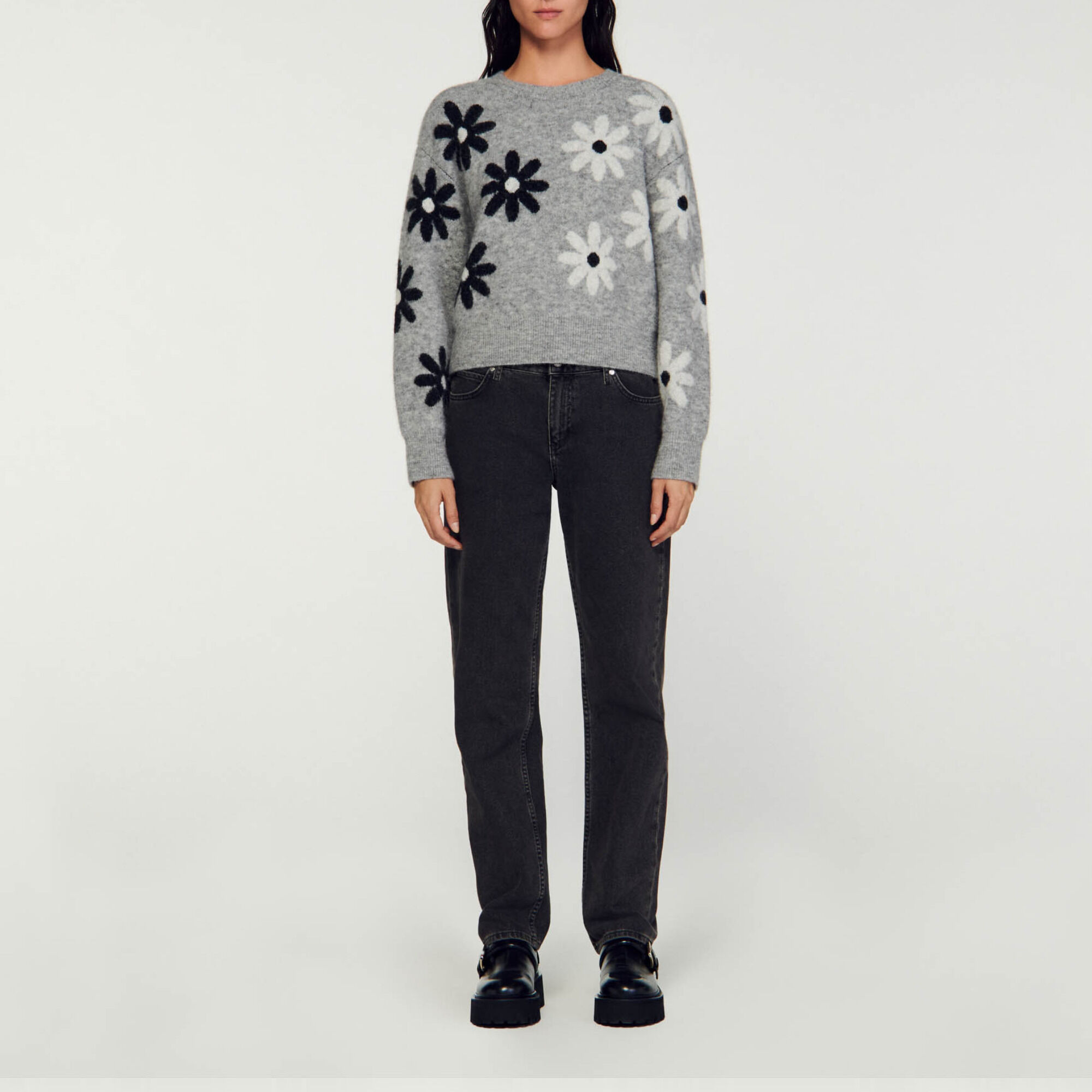 Pull en maille a fleurs Black Gray Women Sandro Paris