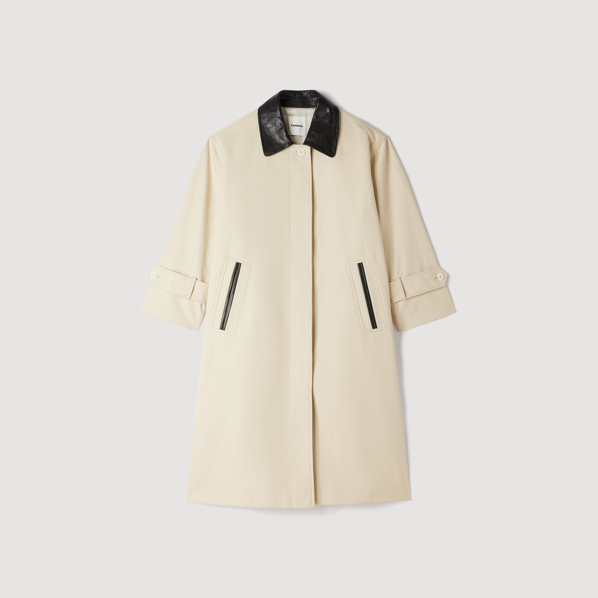 Manteau long col contrast&eacute; cuir - Femme | Sandro Paris