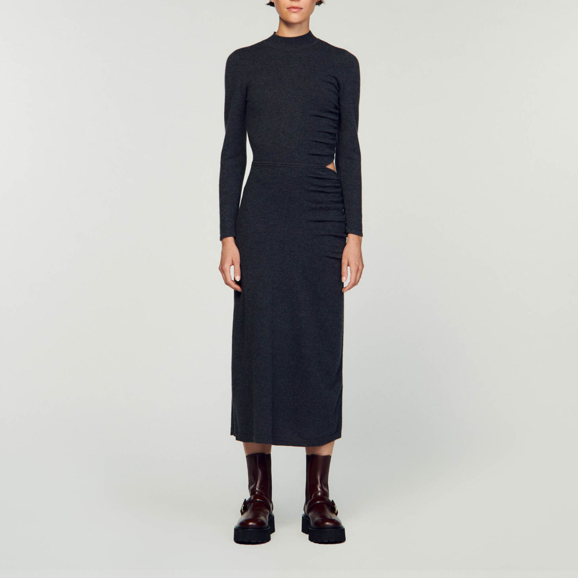 Robe longue en maille Black Gray Women Sandro Paris