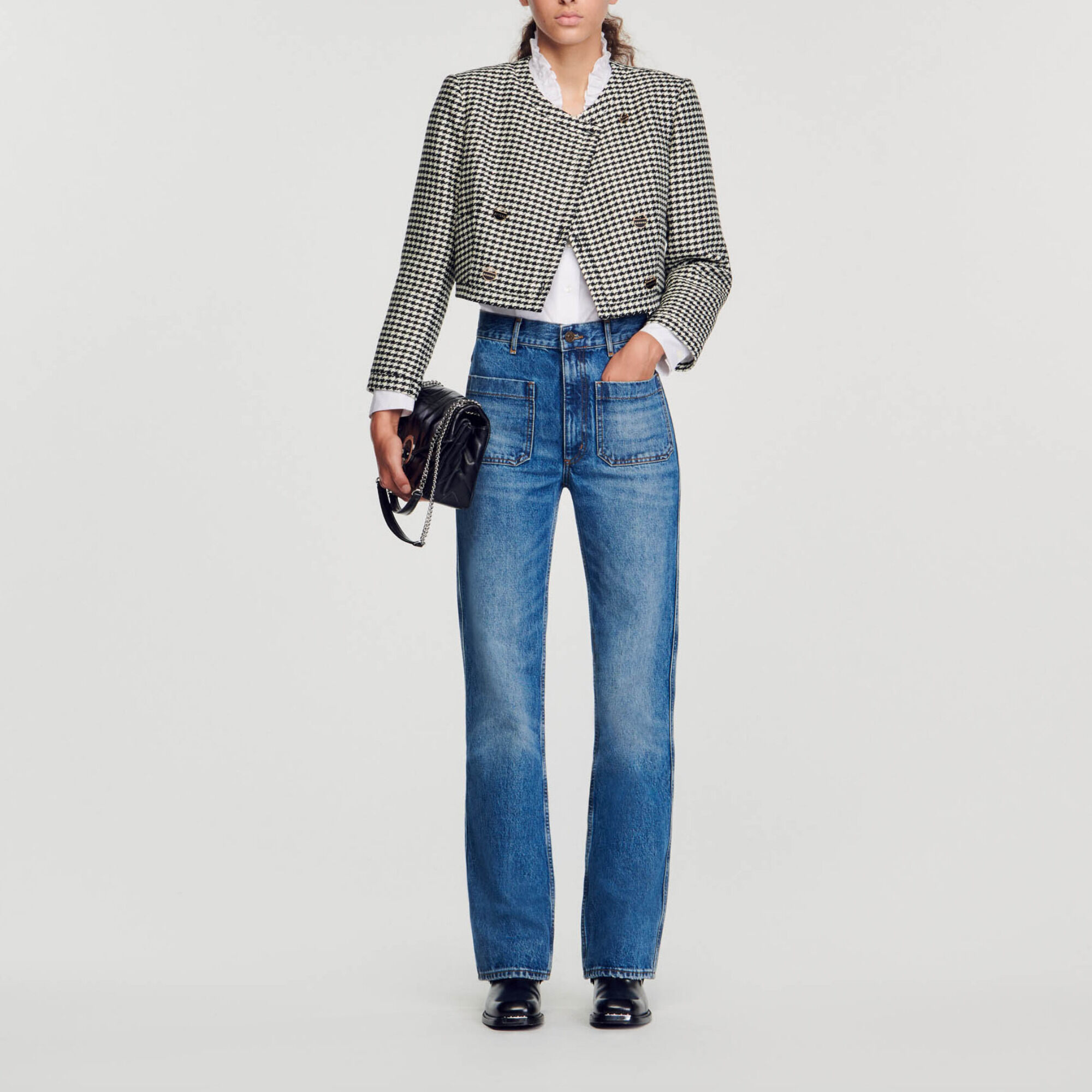 Veste courte pied de poule Black Gray Women Sandro Paris