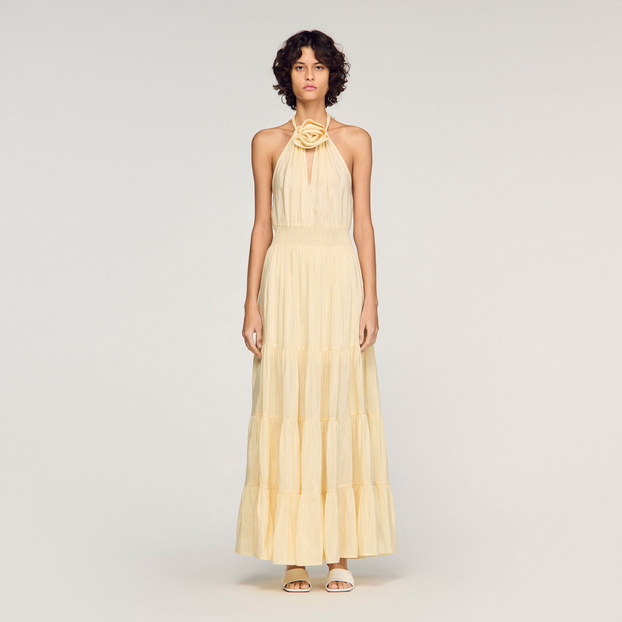 Robe longue en lin imprim&eacute; fleur