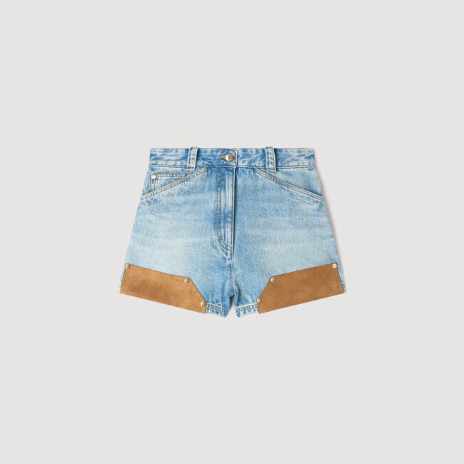 Short en denim et suede &agrave; rivets 