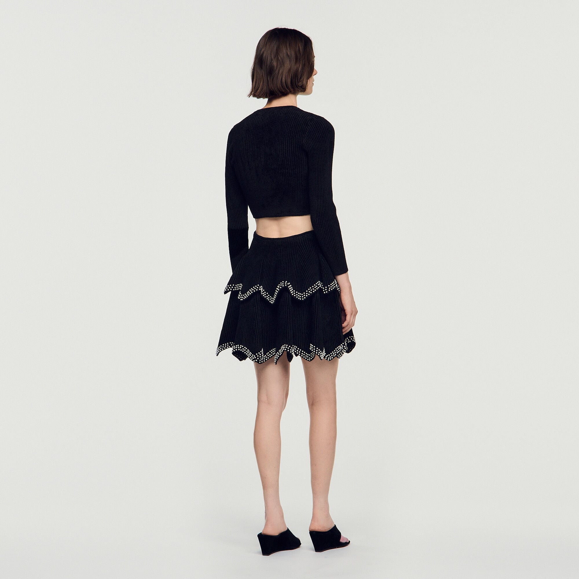 Jupe patineuse en velours &agrave; perles - Femme | Sandro Paris
