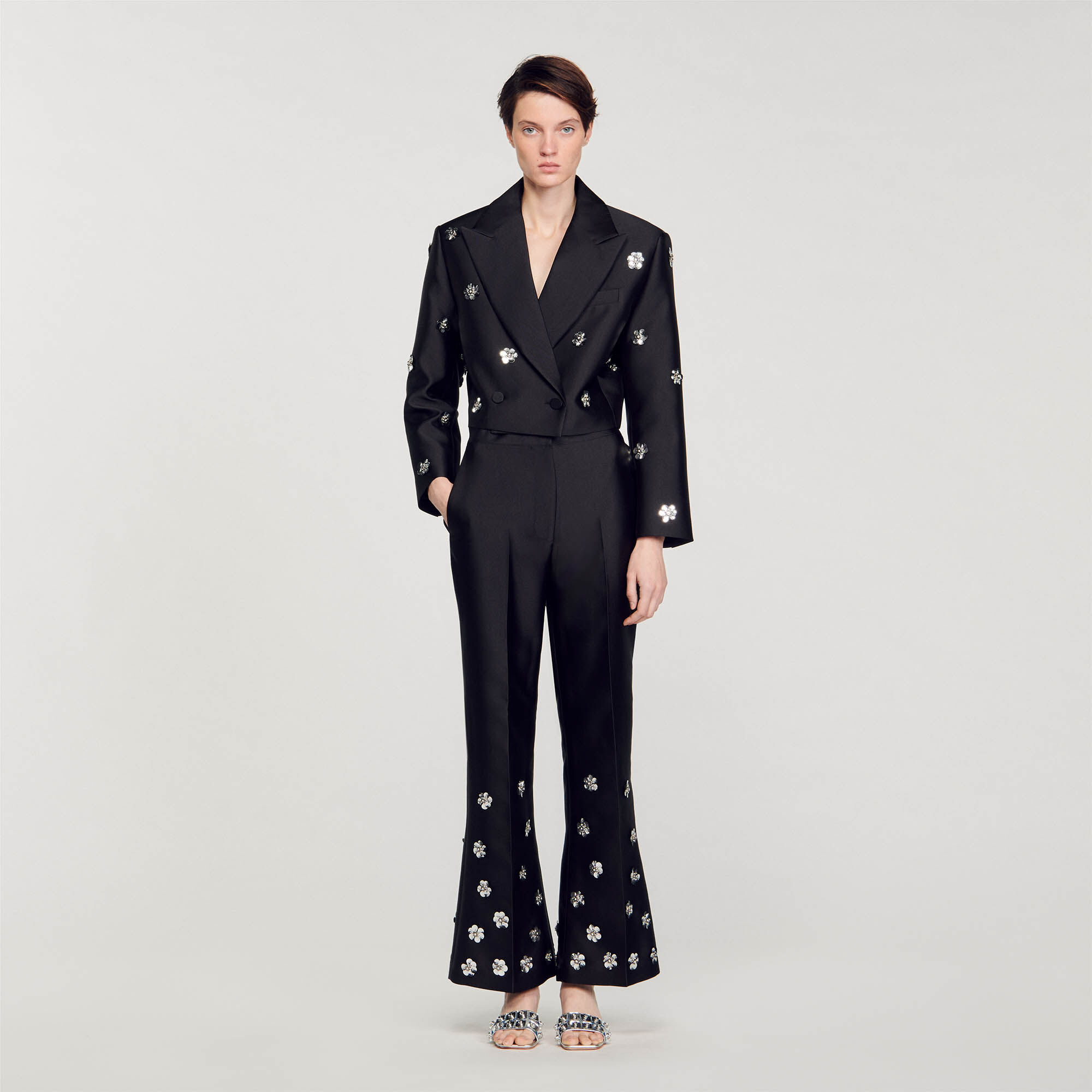 Pantalon satine orne de sequins gris noir pour femme Sandro Paris