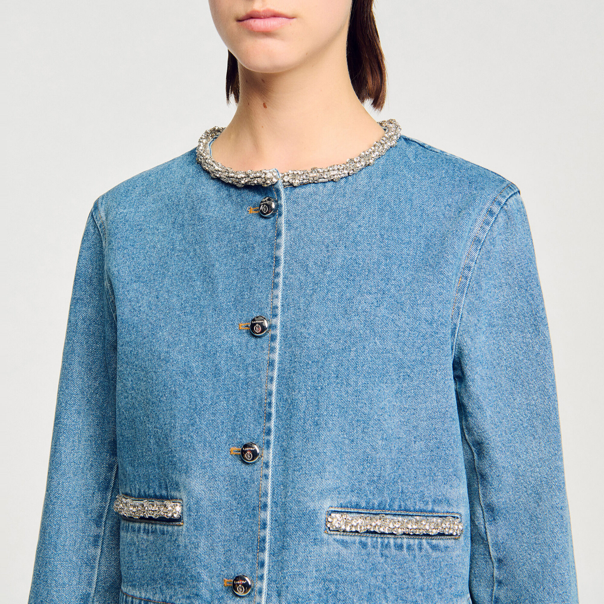 Blouson en denim strass&eacute; - Femme | Sandro Paris