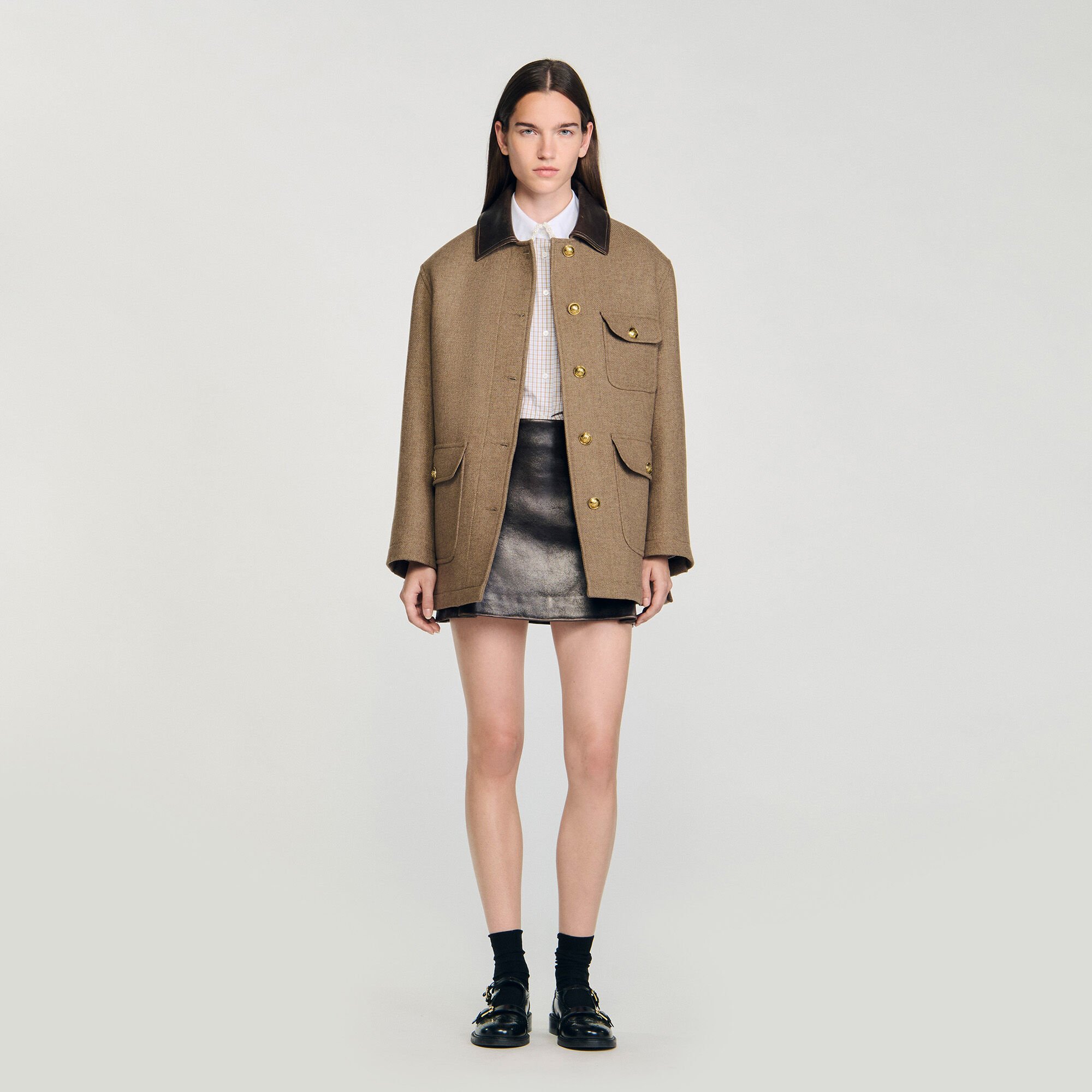 Manteau en tweed à col en cuir