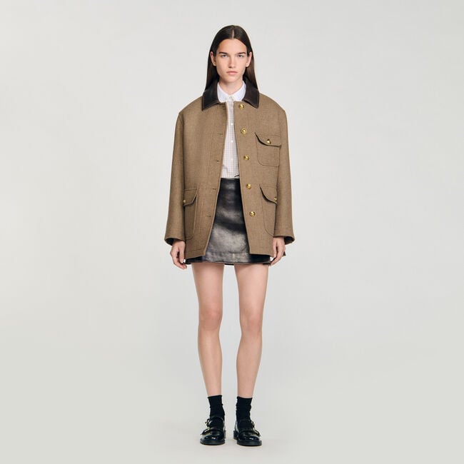 Manteau en tweed à col en cuir