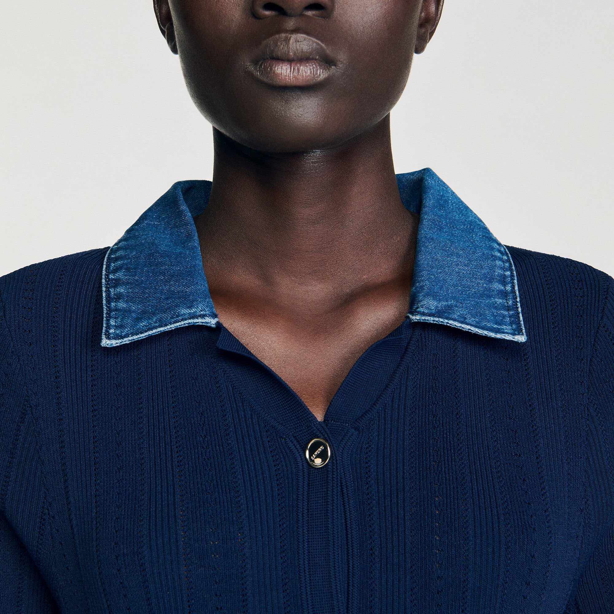 Robe longue maille col denim