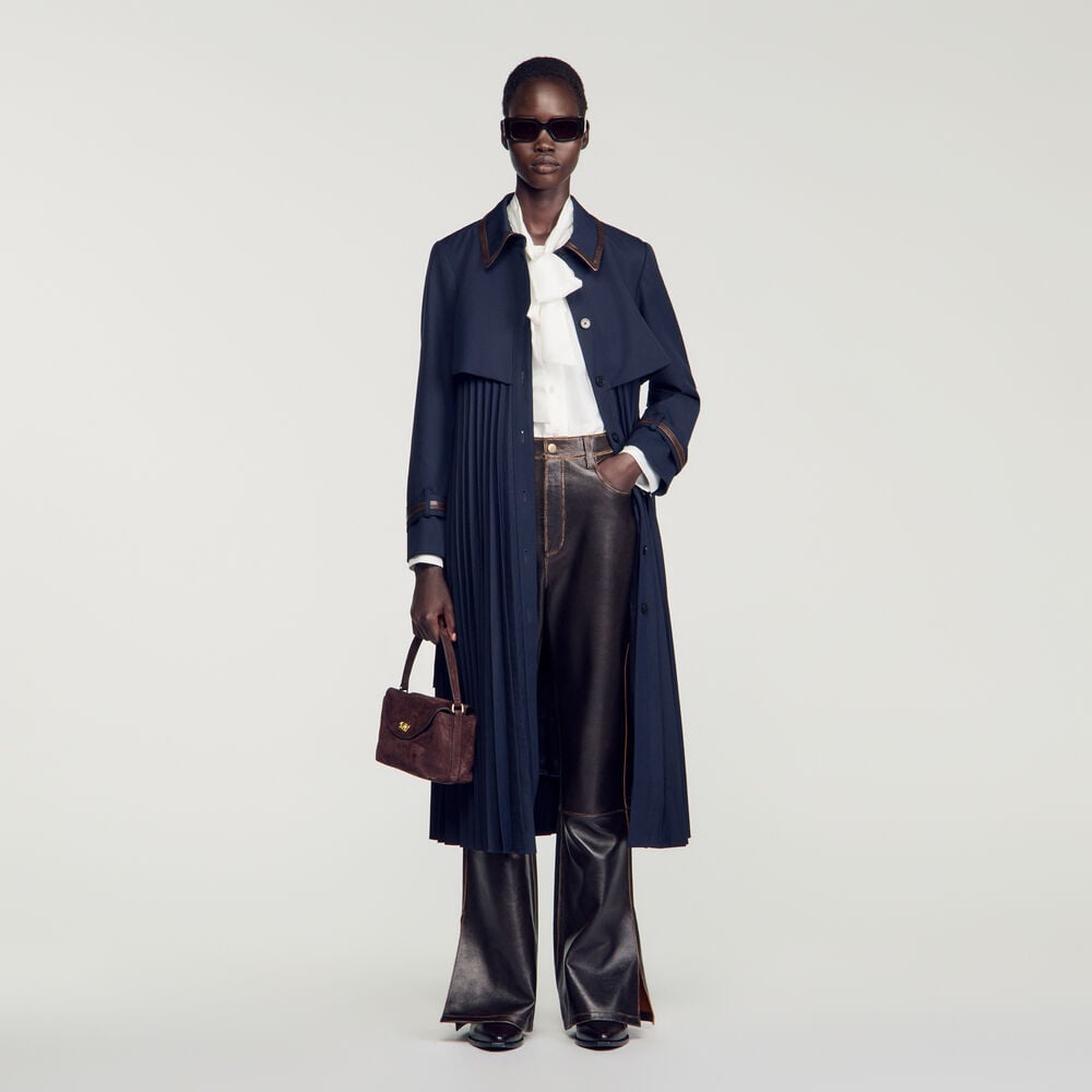 Sandro Trench avec col en cuir plissé – Marine