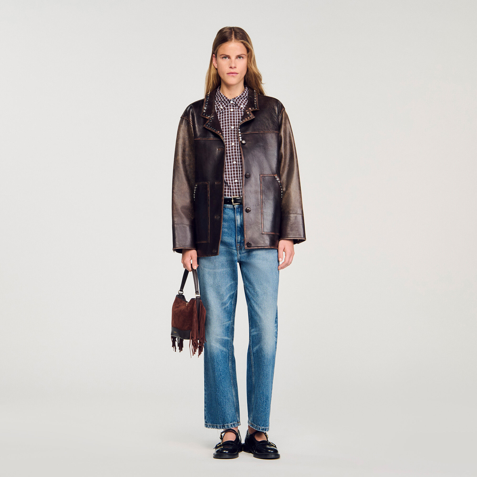 Blouson oversize en cuir à studs