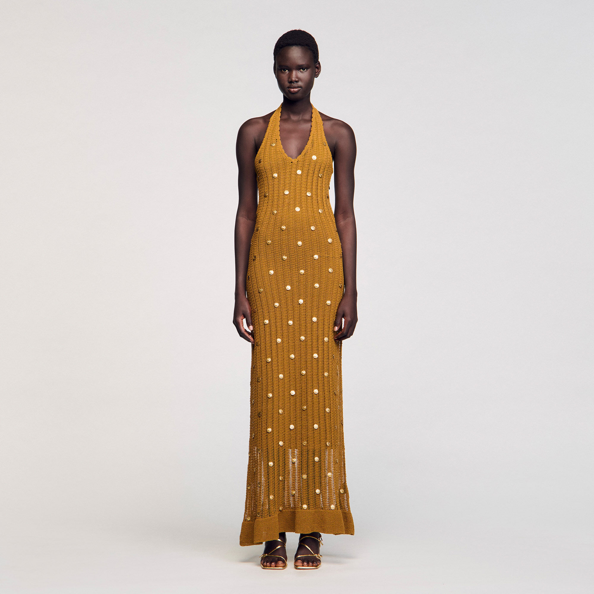 Robe longue en maille à pampilles