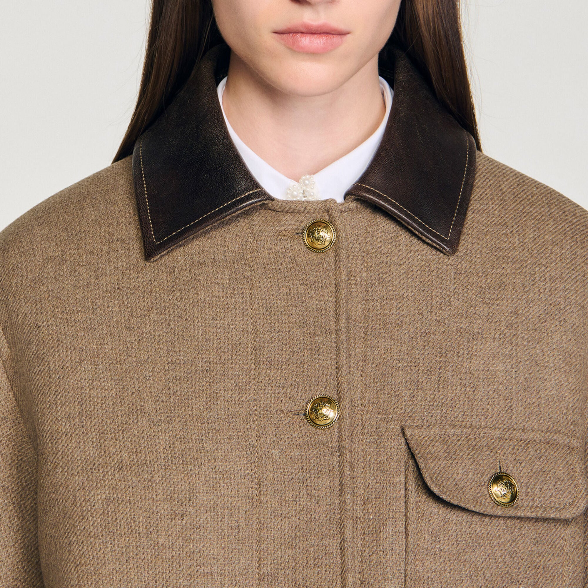 Manteau en tweed &agrave; col en cuir - Femme | Sandro Paris