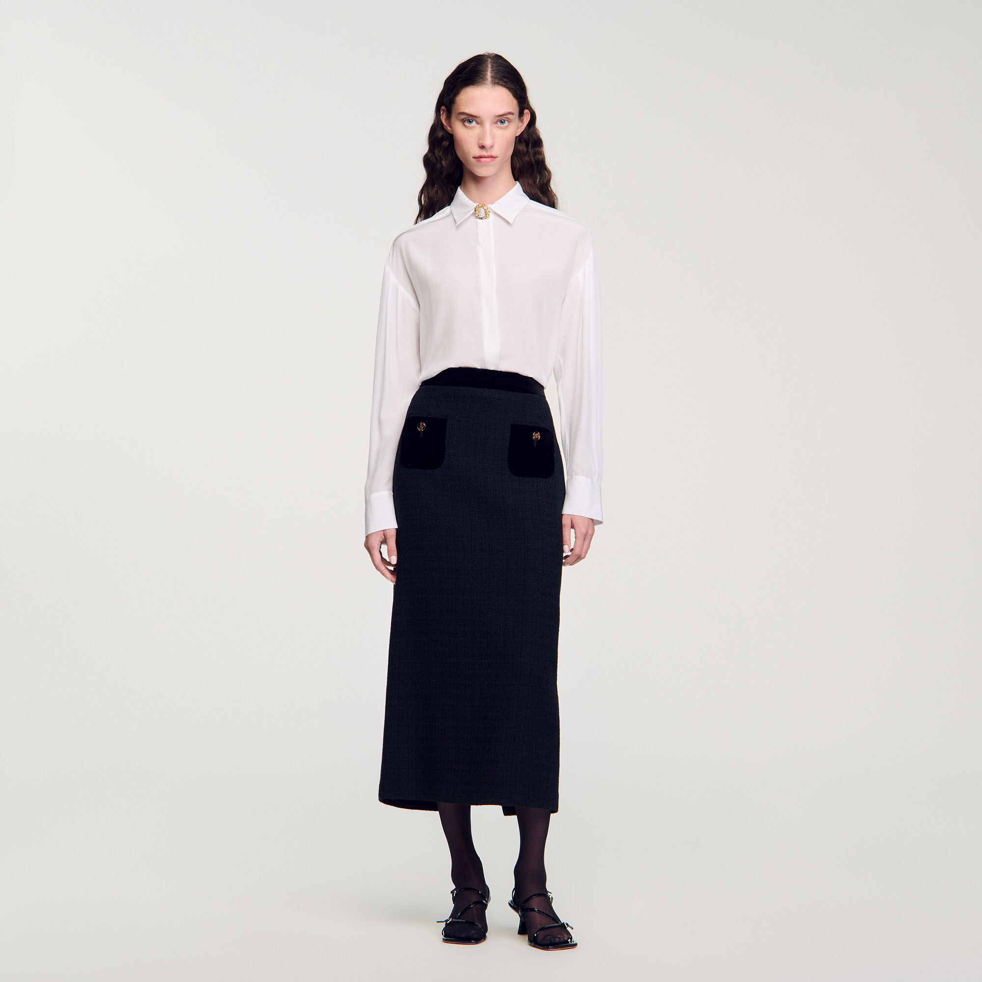 Jupe longue en tweed et velours