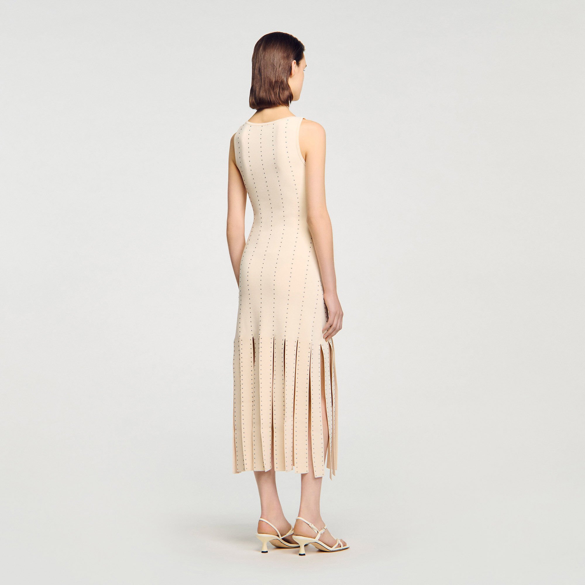 Robe longue en maille à franges beige pour femme | Sandro Paris