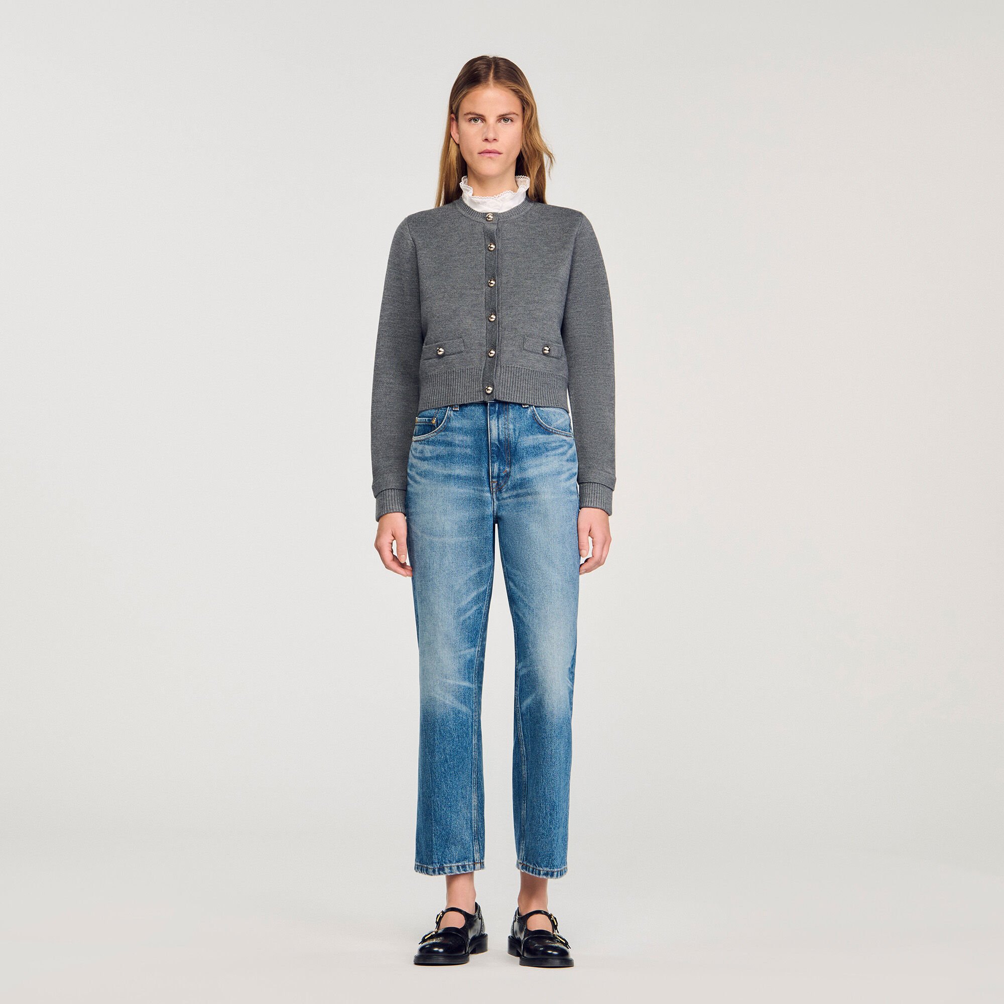 Cardigan à col volanté amovible