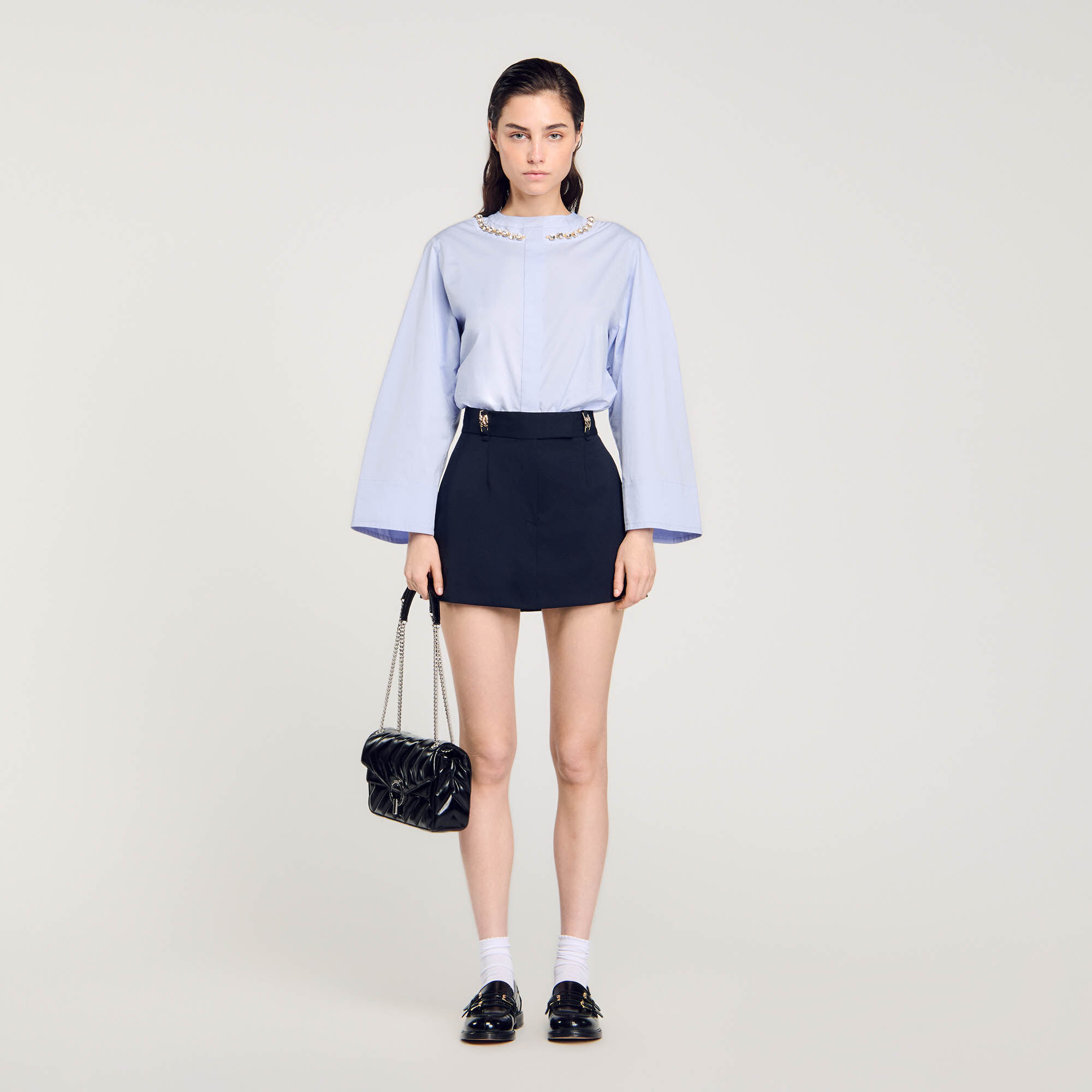 Chemise courte a col bijou bleu pour femme Sandro Paris