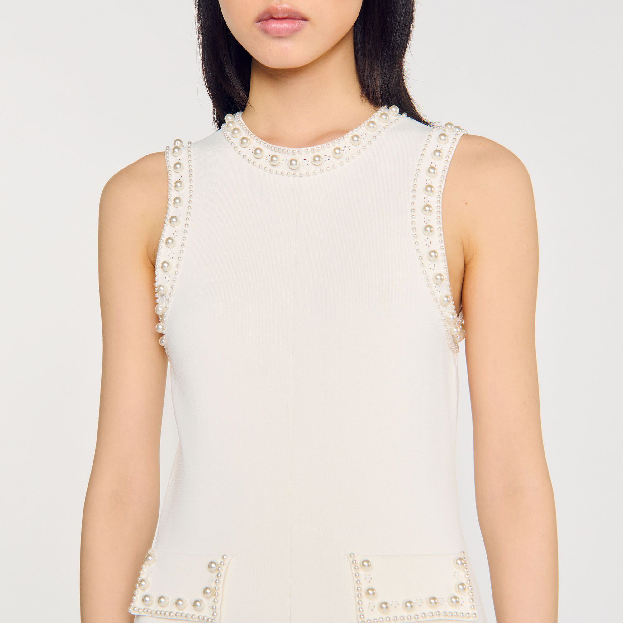 Robe longue en maille perlée beige pour femme | Sandro Paris