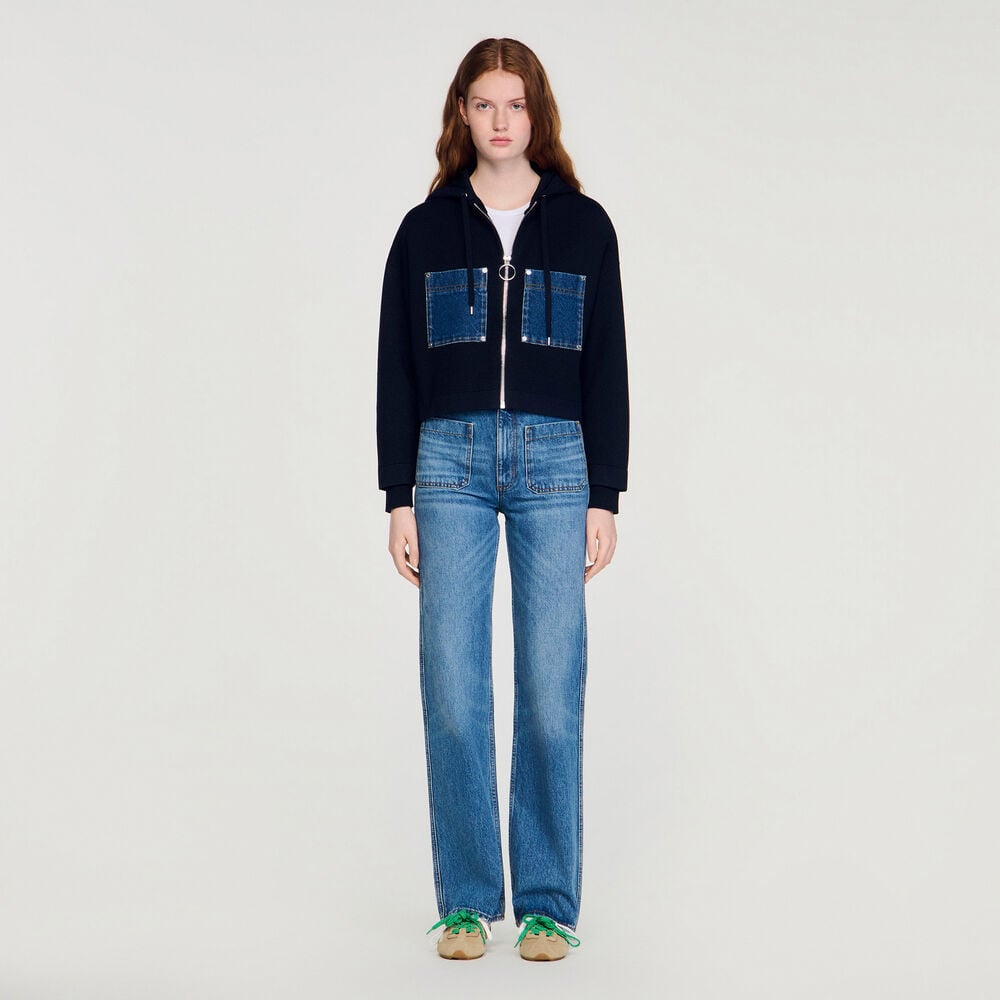 Sandro Sweatshirt en maille et denim – Marine – vue 2