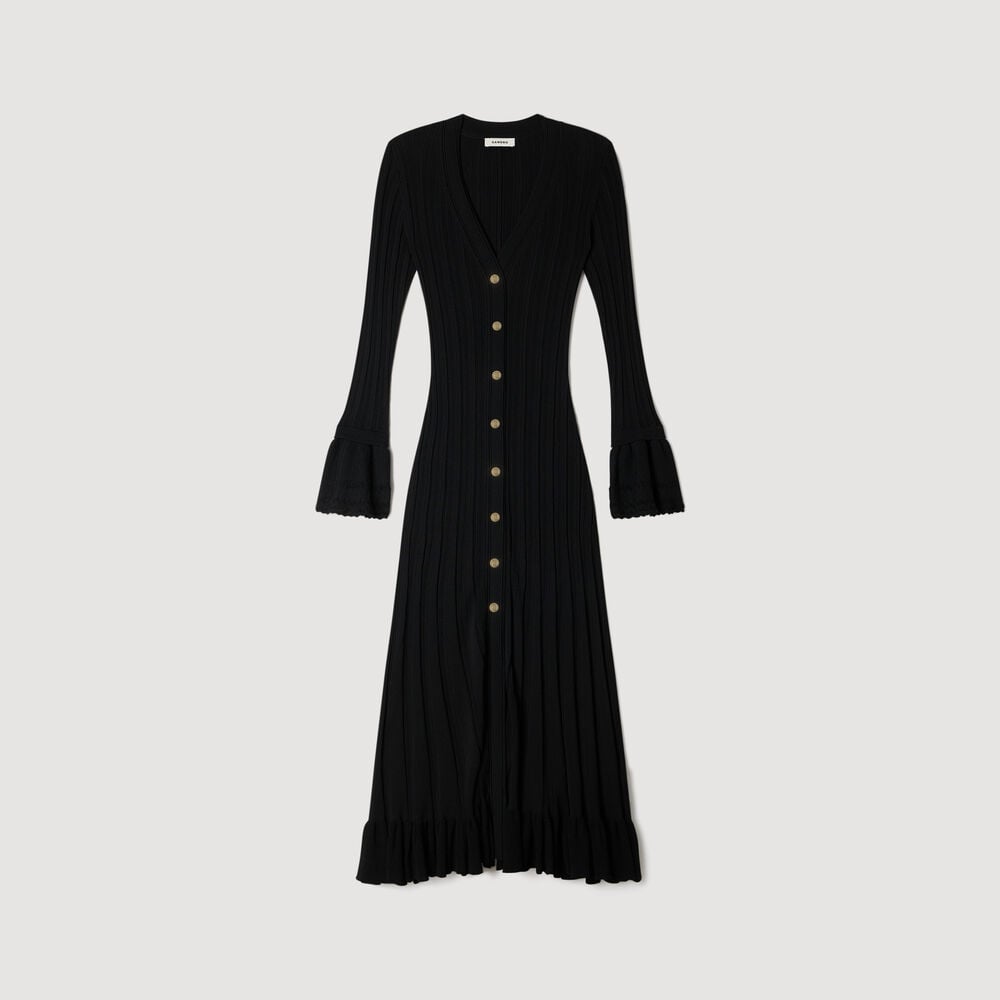 Sandro Robe longue en maille à volant – Noir – vue 6