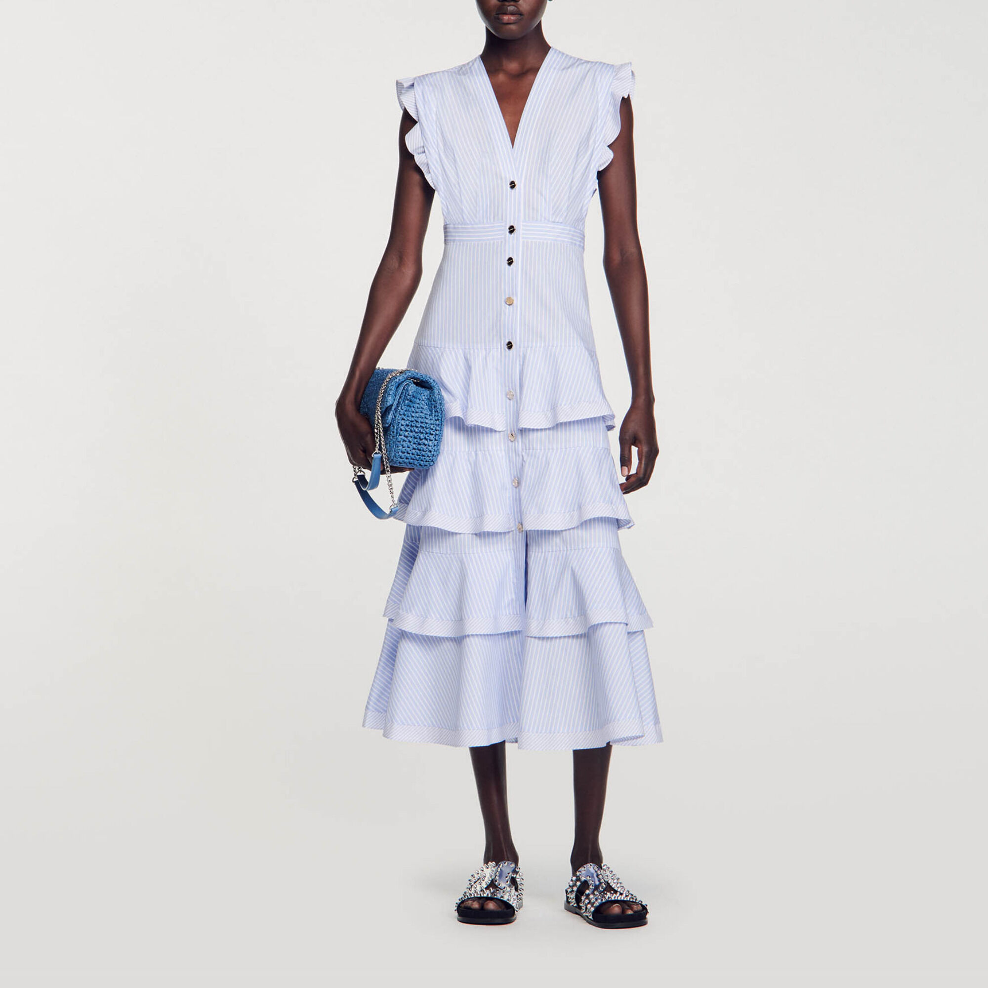 Robe longue a volants bleu pour femme Sandro Paris
